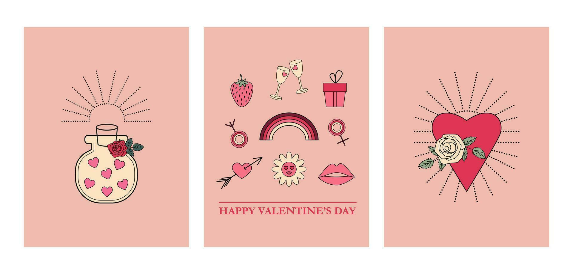 ensemble de la Saint-Valentin journée salutation cartes, dépliants, affiches. disposition modèle dans rétro ancien style. rose girly couleurs. fleurs et cœurs, verre pot, symboles de l'amour. vecteur