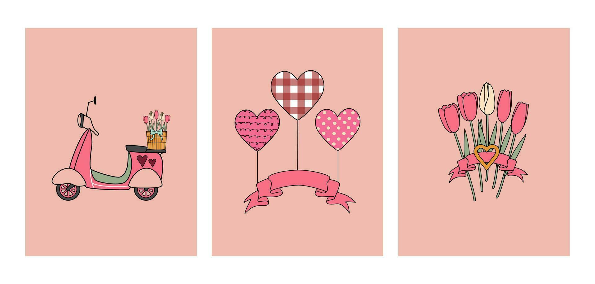 ensemble de la Saint-Valentin journée salutation cartes, dépliants, affiches. disposition modèle dans rétro ancien style. rose couleurs. fleurs et cœurs avec ruban, scooter. vecteur
