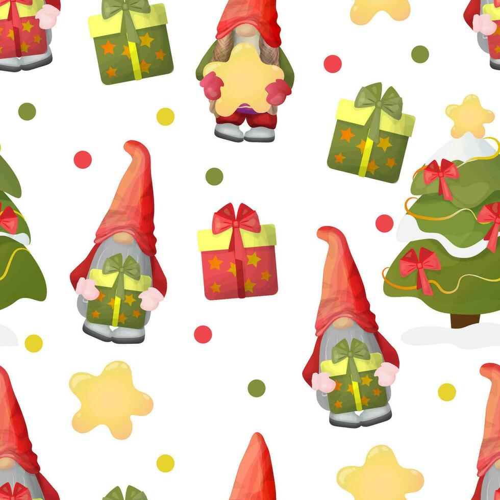 vacances modèle avec Noël des arbres et gnomes. sans couture vecteur Contexte pour emballage papier, tissu, vêtements, textile, surface textures, scrapbooking.