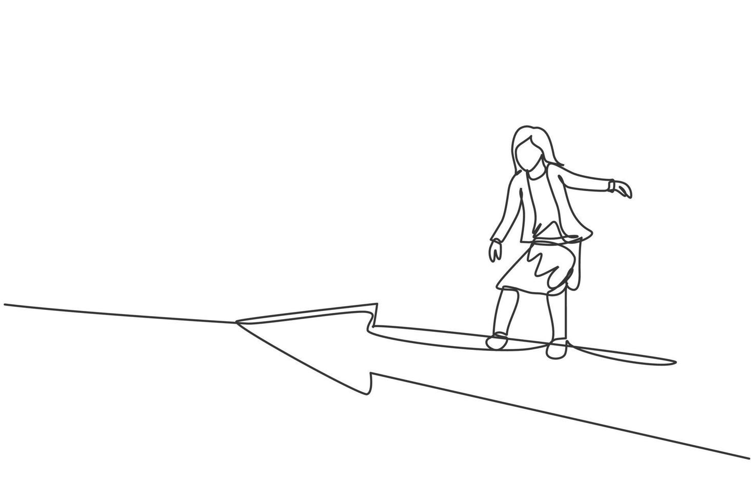 une ligne continue dessinant une jeune travailleuse volant et montant une flèche vers l'avant pour atteindre l'objectif. concept minimaliste de gestionnaire d'entreprise de succès. illustration graphique de vecteur de conception de dessin de ligne unique à la mode