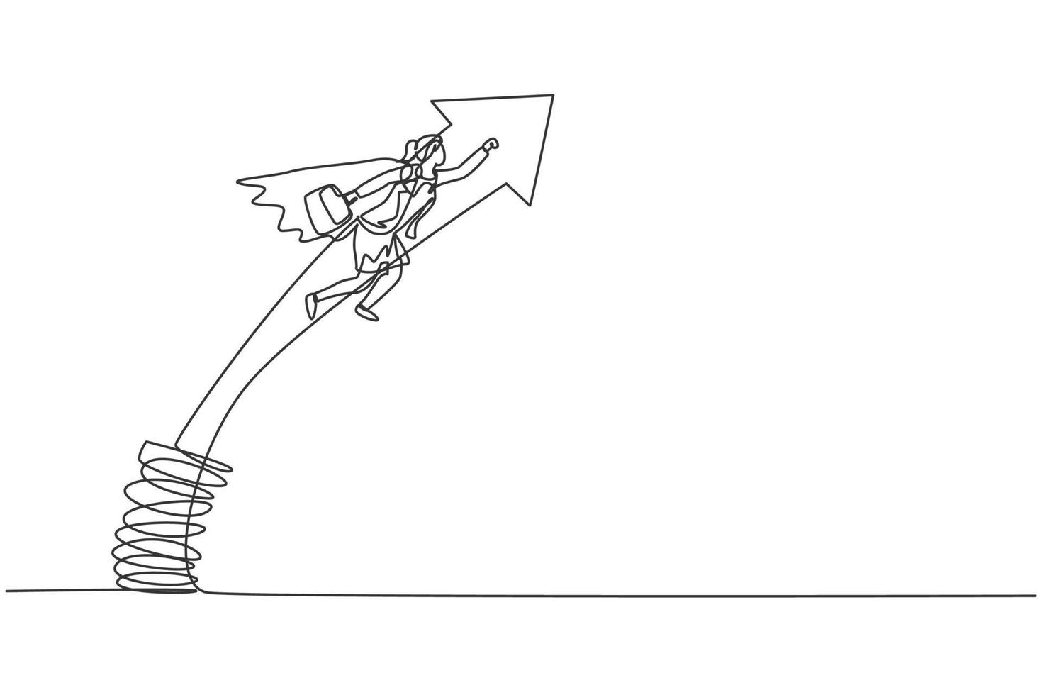 dessin continu d'une ligne de jeune travailleuse volant sautant haut avec un ressort en métal. concept de métaphore minimaliste de gestionnaire d'entreprise de succès. illustration graphique de vecteur de conception de dessin à une seule ligne