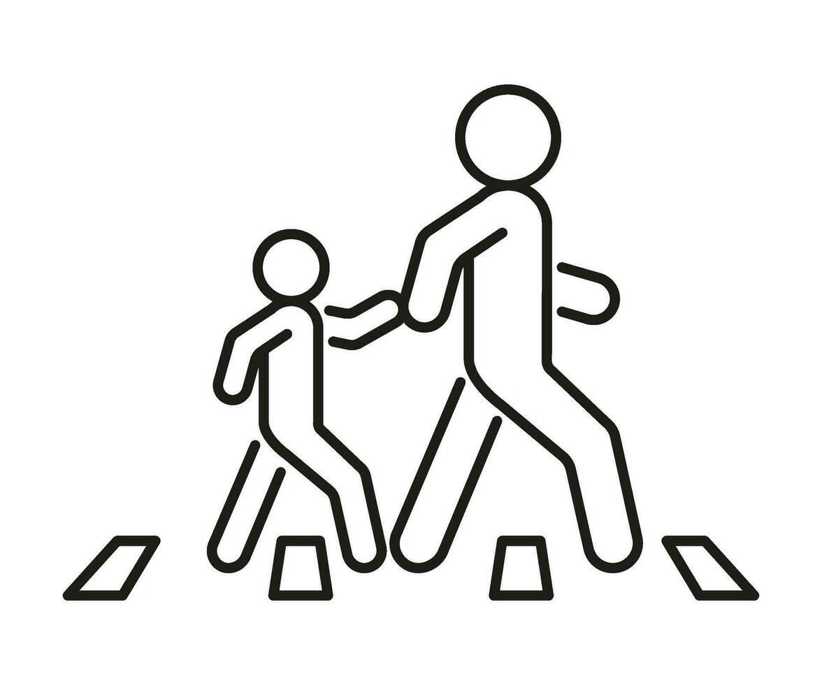 piéton adulte les personnes et enfant à Carrefour, famille sur route, ligne icône. sans encombre traverser route et marcher symbole. vecteur contour illustration