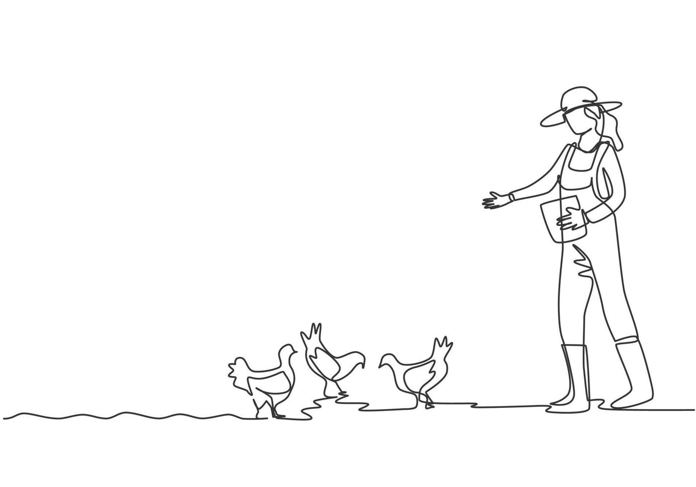 Un seul dessin d'une jeune agricultrice nourrit les poulets avec des aliments pour poulets. concept minimal d'activités de défi agricole. ligne continue moderne dessiner illustration vectorielle graphique de conception. vecteur