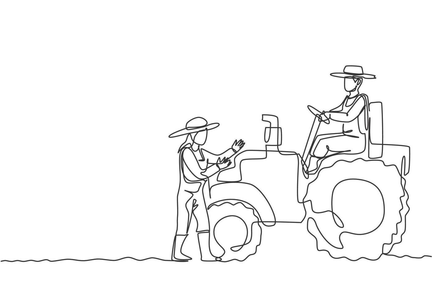 dessin d'une seule ligne continue un agriculteur conduit un tracteur pour labourer les champs et les agricultrices ont aidé. concept minimal de défi agricole réussi. une ligne dessiner illustration vectorielle de conception graphique. vecteur