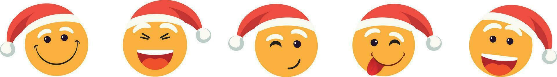 collection de émoticônes pour Noël et Nouveau année vacances. ensemble le sourire emoji icône dans rouge chapeau Père Noël claus. réaliste visage de Jaune brillant émotions. vecteur