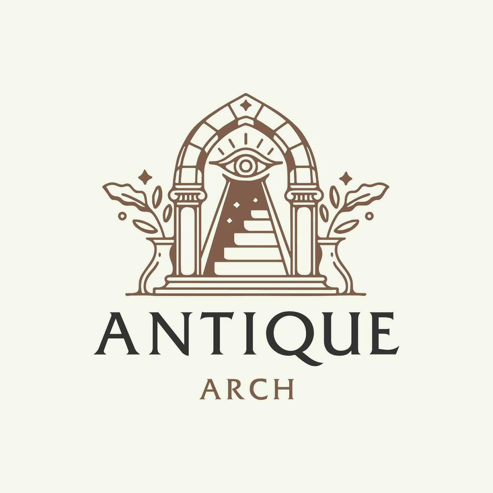 mystique porte logo, antique cambre architecture entrée escalier avec porte, et tropical plante feuille dans contemporain moderne ancien esthétique Soleil cambre boho style vecteur