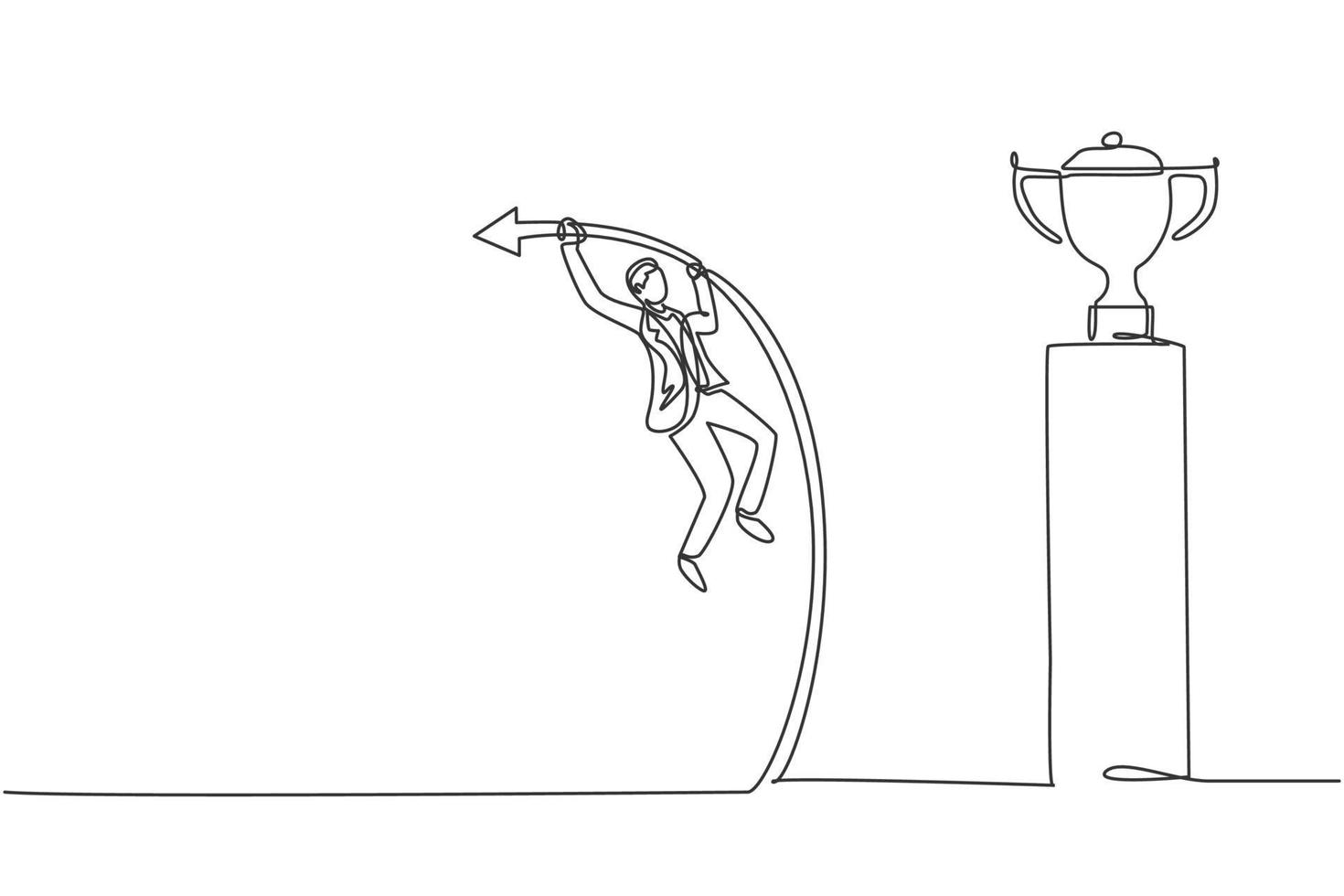 dessin continu d'une ligne jeune beau travailleur masculin sautant en utilisant le saut à la perche pour atteindre le trophée. concept minimaliste de gestionnaire d'entreprise de succès. illustration graphique de vecteur de conception de dessin de ligne unique à la mode