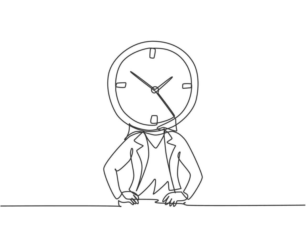 dessin d'une seule ligne de jeune femme d'affaires avec tête d'horloge analogique au bureau. concept de métaphore de la discipline du temps des affaires. ligne continue moderne dessiner illustration vectorielle graphique de conception. vecteur