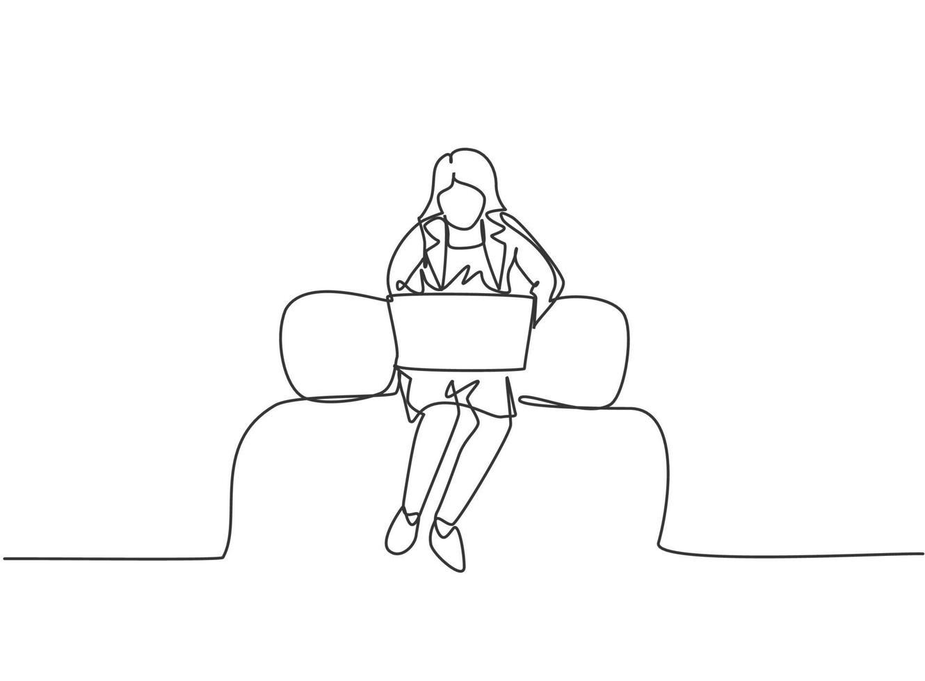 dessin continu d'une ligne jeune travailleuse assise sur un canapé tout en tapant une proposition commerciale sur un ordinateur portable. gestionnaire préparant le concept de travail. illustration graphique de vecteur de conception de dessin à une seule ligne.