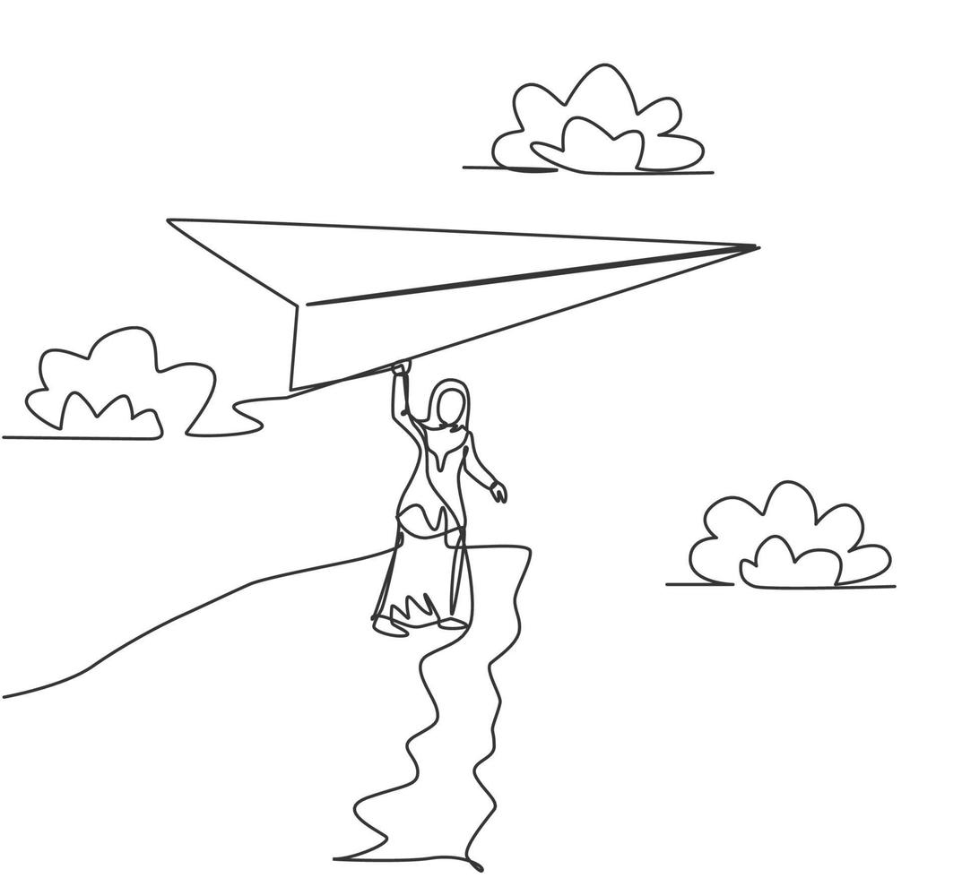 dessin d'une seule ligne d'une jeune femme d'affaires arabe tenant un avion en papier géant sur une falaise. Défi commercial. concept de métaphore minimale. illustration vectorielle graphique de conception de ligne continue moderne vecteur