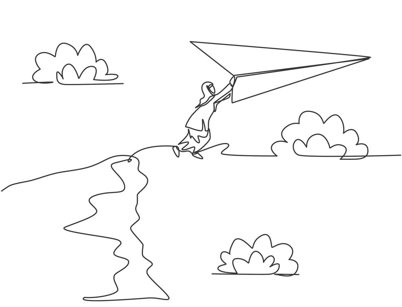 dessin continu d'une ligne jeune travailleuse arabe sautant à un avion en papier volant depuis le sommet de la falaise. Défi commercial. concept de métaphore minimaliste. illustration graphique de vecteur de conception de dessin à une seule ligne