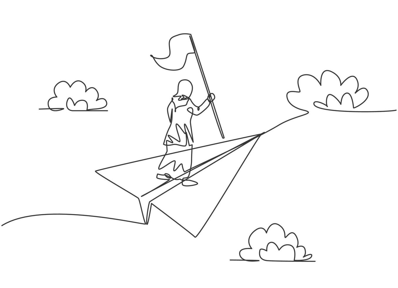 dessin d'une seule ligne d'une jeune femme d'affaires arabe tenant un drapeau sur un avion en papier volant. Défi commercial. concept de métaphore minimale. illustration vectorielle graphique de conception de ligne continue moderne vecteur