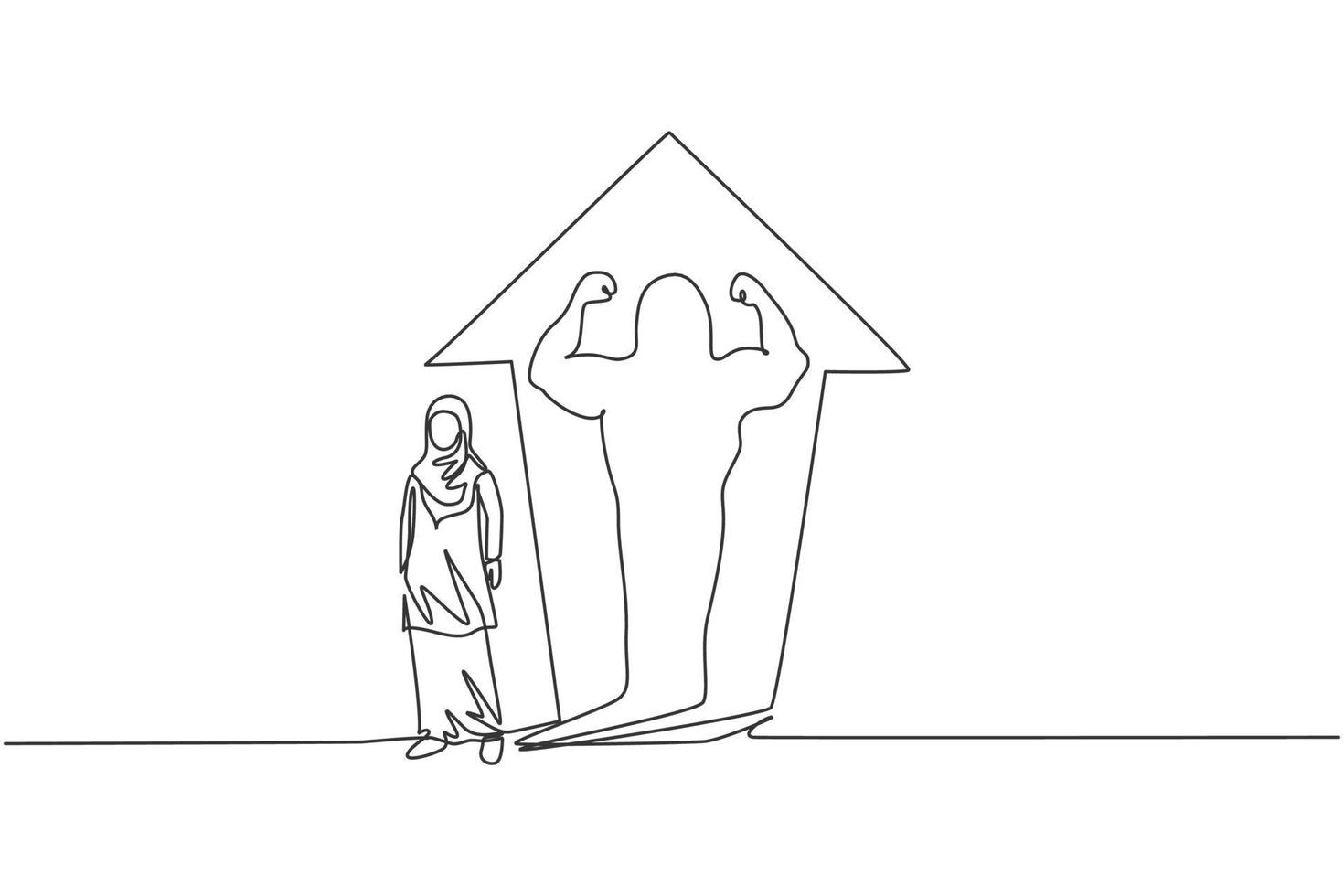 Un dessin continu d'une jeune travailleuse arabe reflète une ombre musculaire sur le mur. concept minimaliste de gestionnaire d'entreprise de succès. illustration graphique de vecteur de conception de dessin de ligne unique à la mode