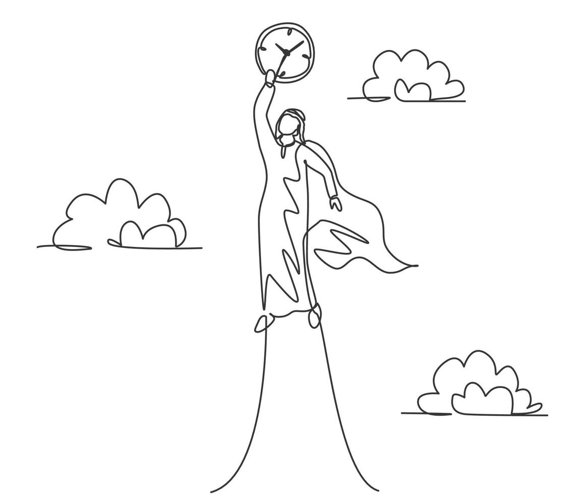 dessin d'une seule ligne d'un jeune homme d'affaires arabe volant vers le ciel pour atteindre l'horloge analogique. défi commercial concept de métaphore minimale. ligne continue dessiner illustration vectorielle graphique de conception. vecteur