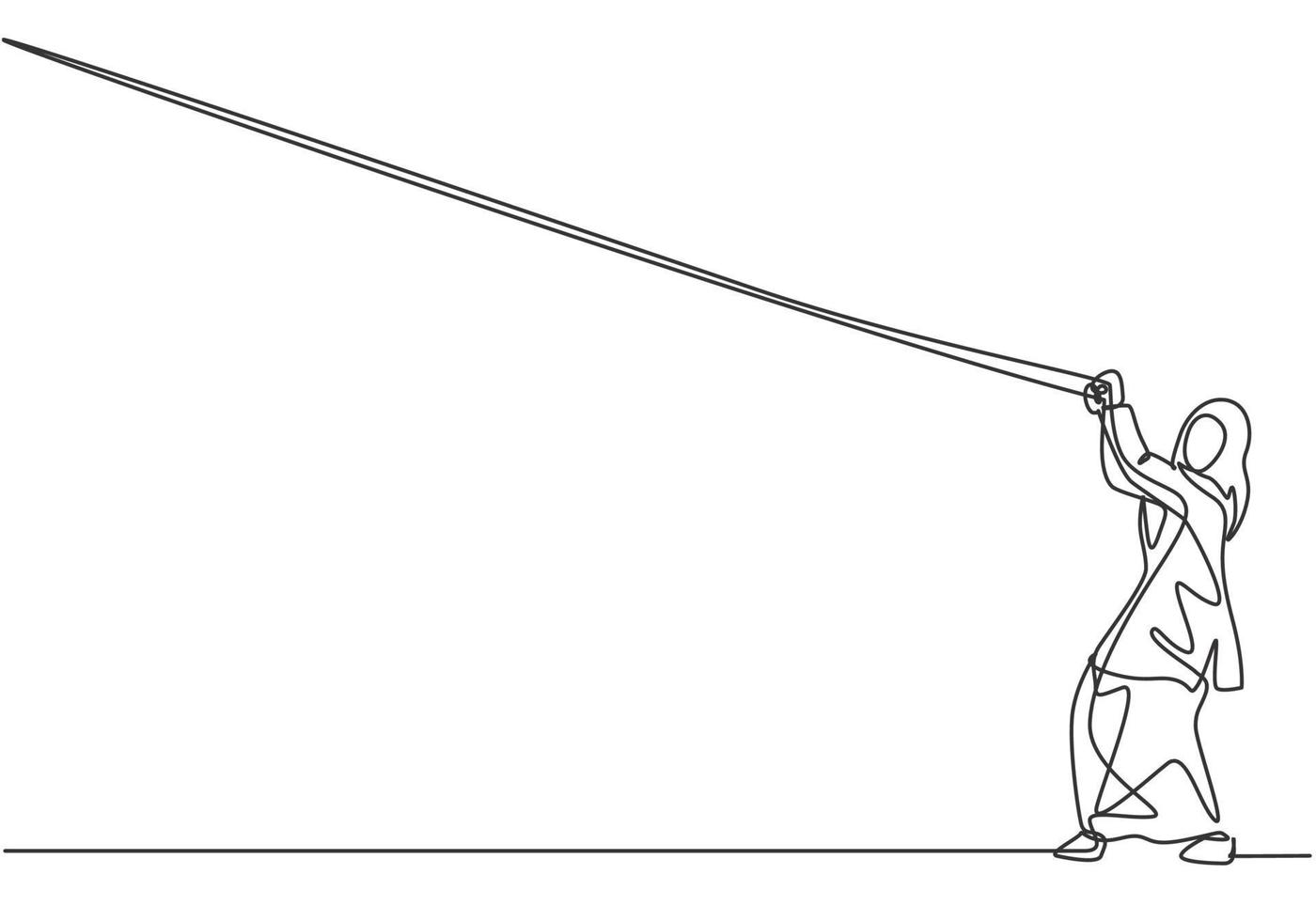 dessin continu d'une ligne jeune travailleuse arabe accrochée à la corde pour atteindre ses objectifs. défi commercial du concept d'entrepreneur. illustration graphique de vecteur de conception de dessin à une seule ligne.