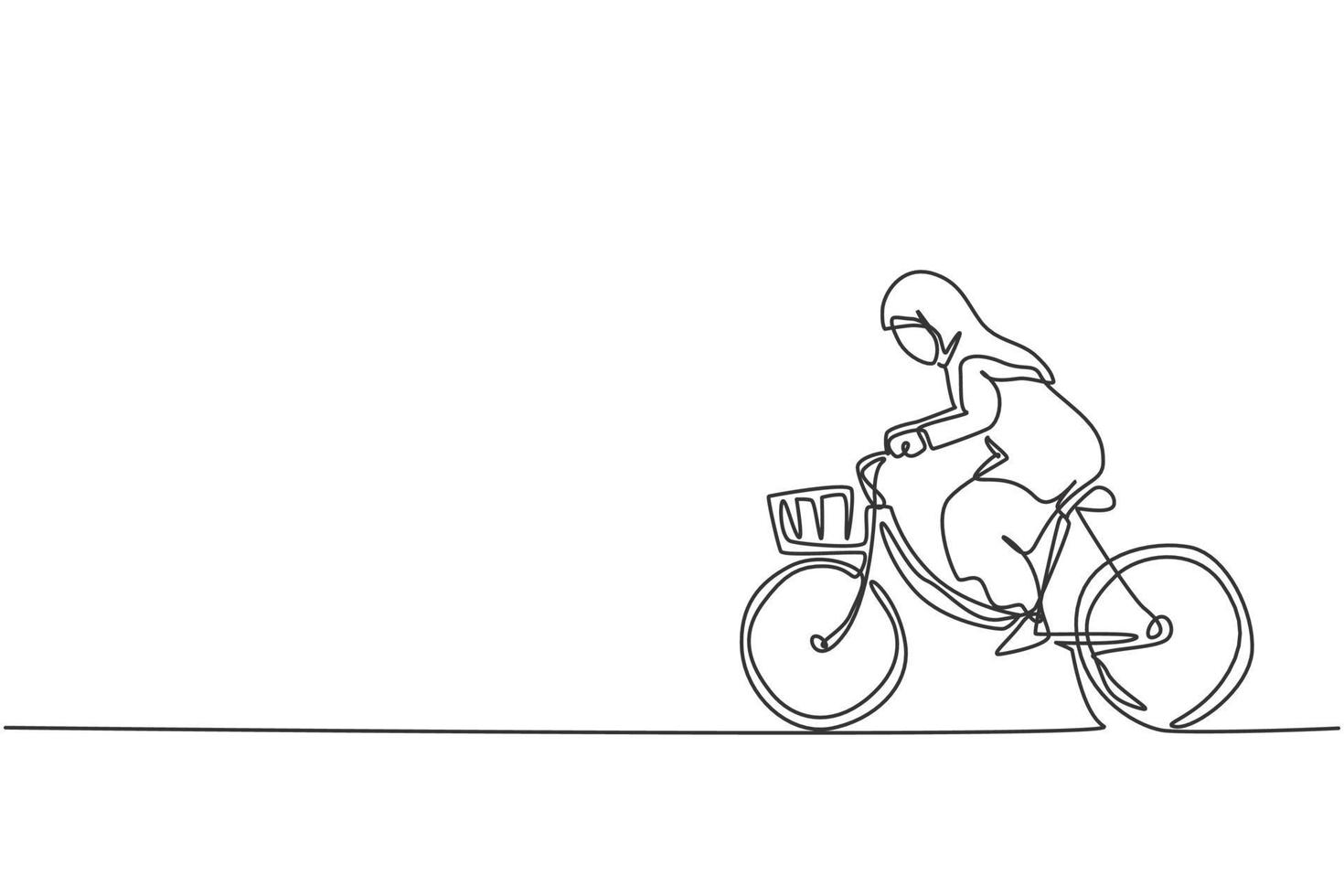 dessin au trait continu unique d'une jeune travailleuse arabe de beauté à vélo au bureau. femme d'affaires professionnelle. concept de minimalisme dynamique une ligne dessiner illustration vectorielle de conception graphique vecteur