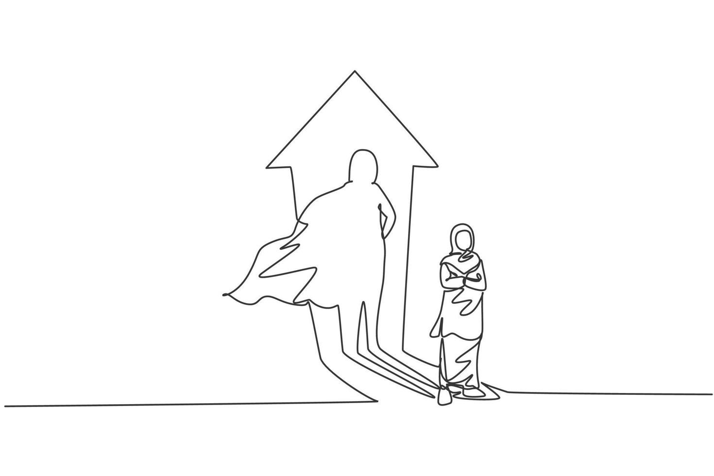 Un dessin continu d'une jeune travailleuse arabe reflète l'ombre de super-héros sur le mur. concept minimaliste de gestionnaire d'entreprise de succès. illustration graphique de vecteur de conception de dessin de ligne unique à la mode