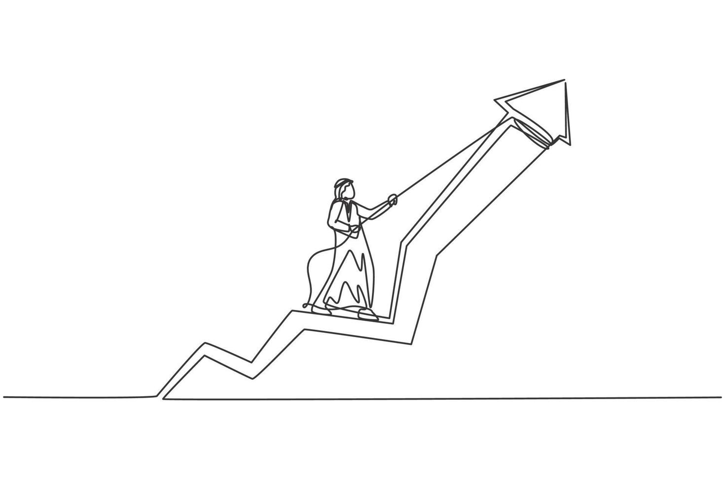 dessin d'une seule ligne d'un jeune entrepreneur arabe masculin attrayant tirant le symbole de la flèche à l'aide d'une corde. concept minimal de croissance de l'entreprise. illustration vectorielle graphique de conception de ligne continue moderne vecteur