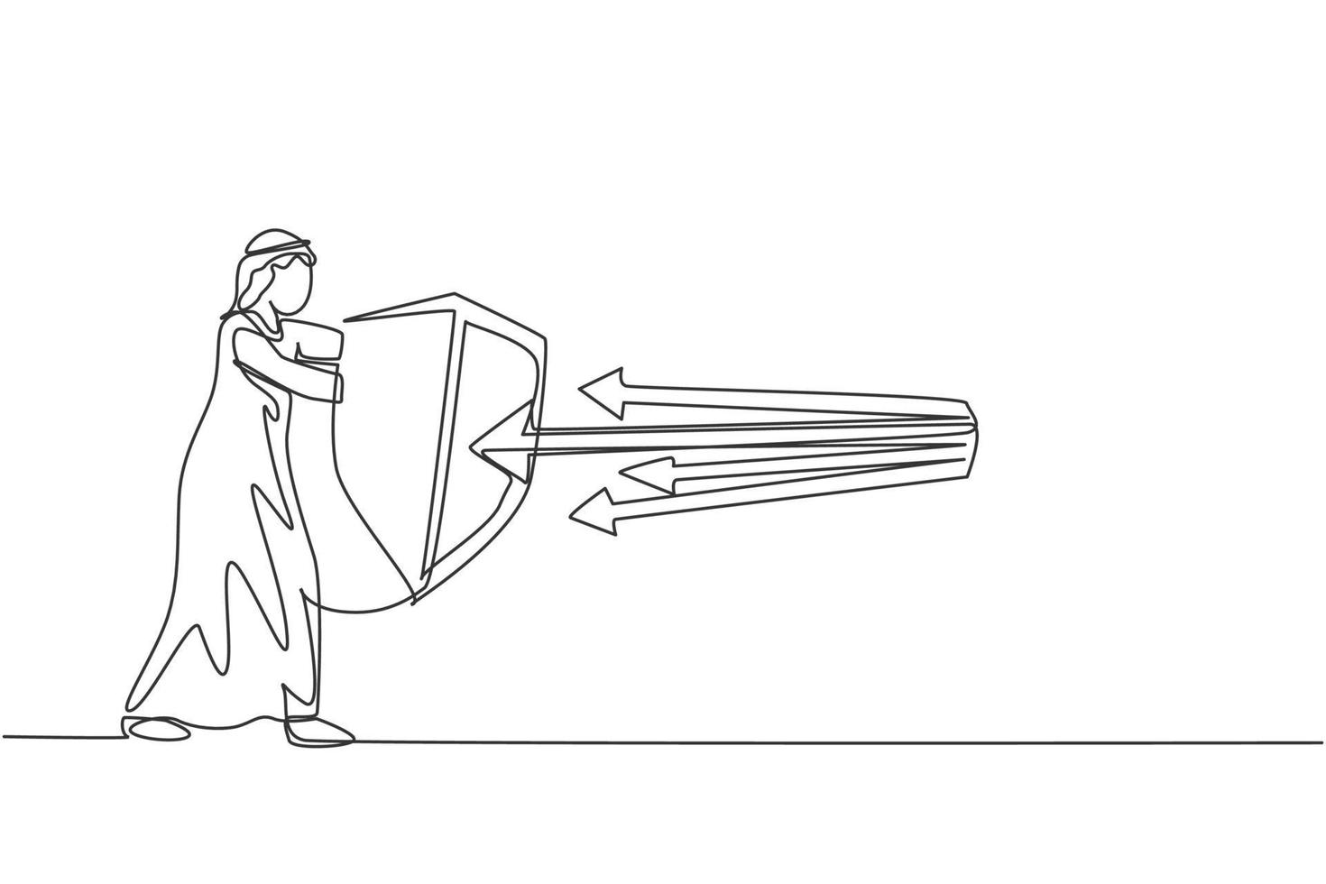 dessin continu d'une ligne un jeune travailleur masculin arabe protège la menace à l'aide d'un bouclier, métaphore. concept minimaliste de stratégie commerciale de réussite. illustration graphique de vecteur de conception de dessin de ligne unique à la mode