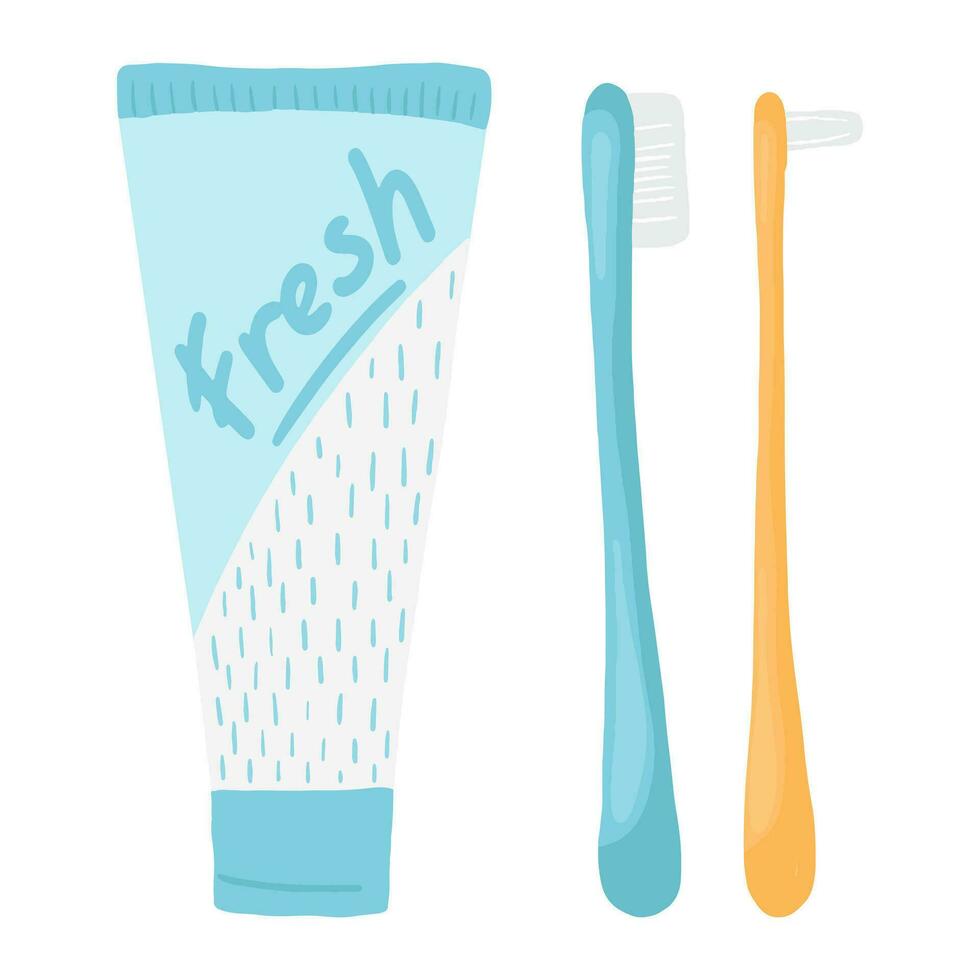 brosse à dents et dentifrice, vecteur illustration dans dessin animé plat style. dentaire et oral se soucier concept. mignonne impression pour les enfants livres, des gamins dentisterie clinique, thématique conception et décor. les dents hygiène.