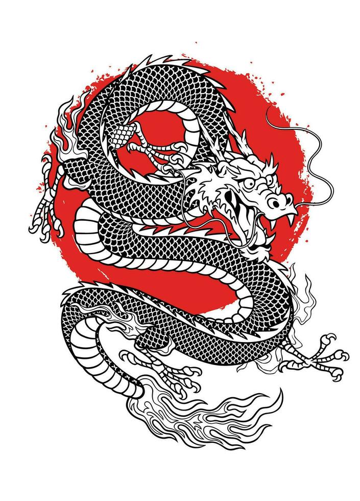 fantaisie asiatique dragon illustration avec Oriental élément main tiré vecteur