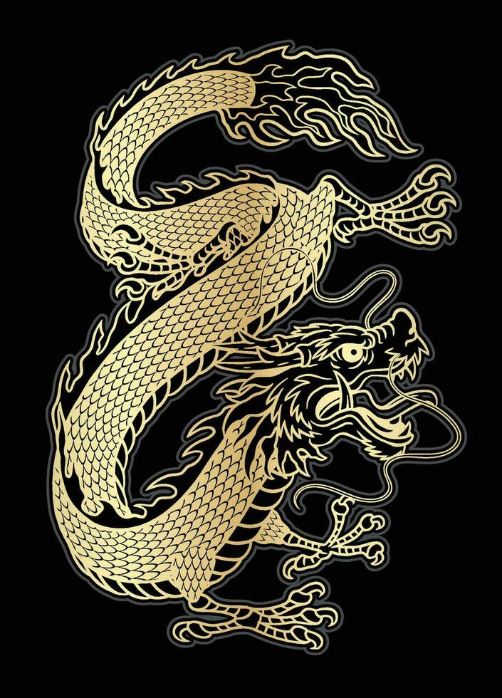 d'or Oriental dragon illustration sur noir Contexte vecteur