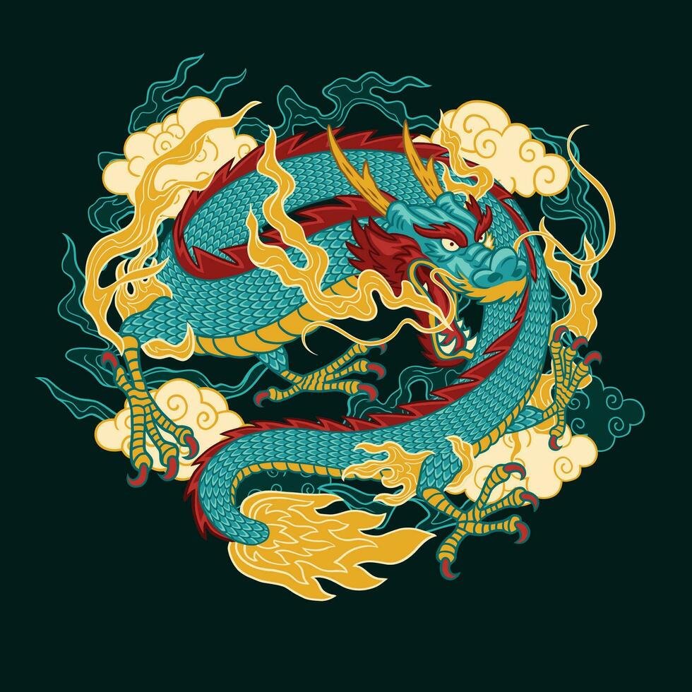 traditionnel bleu et rouge asiatique dragon main tiré illustration vecteur