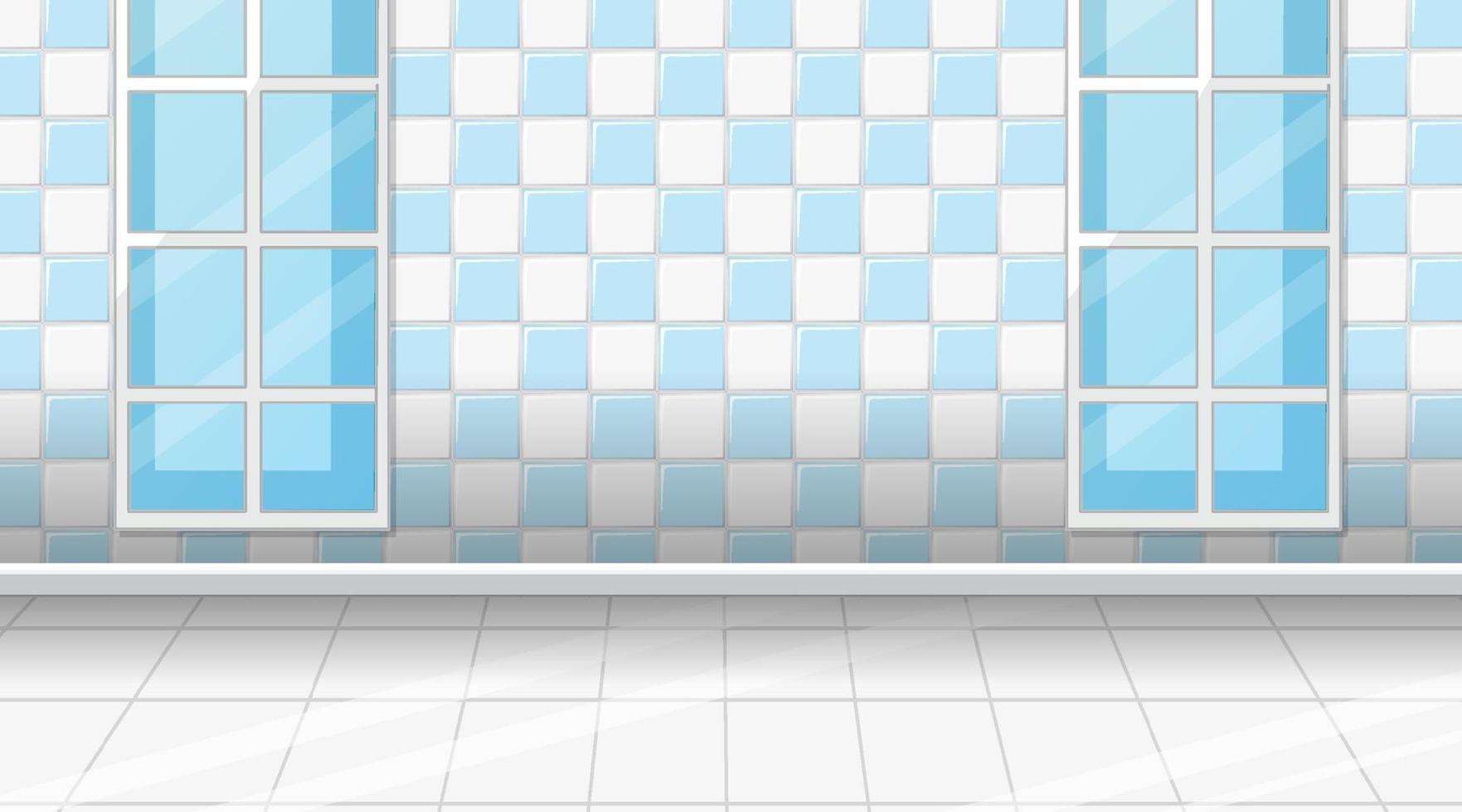 salle vide avec sol en carrelage blanc et mur en damier bleu vecteur