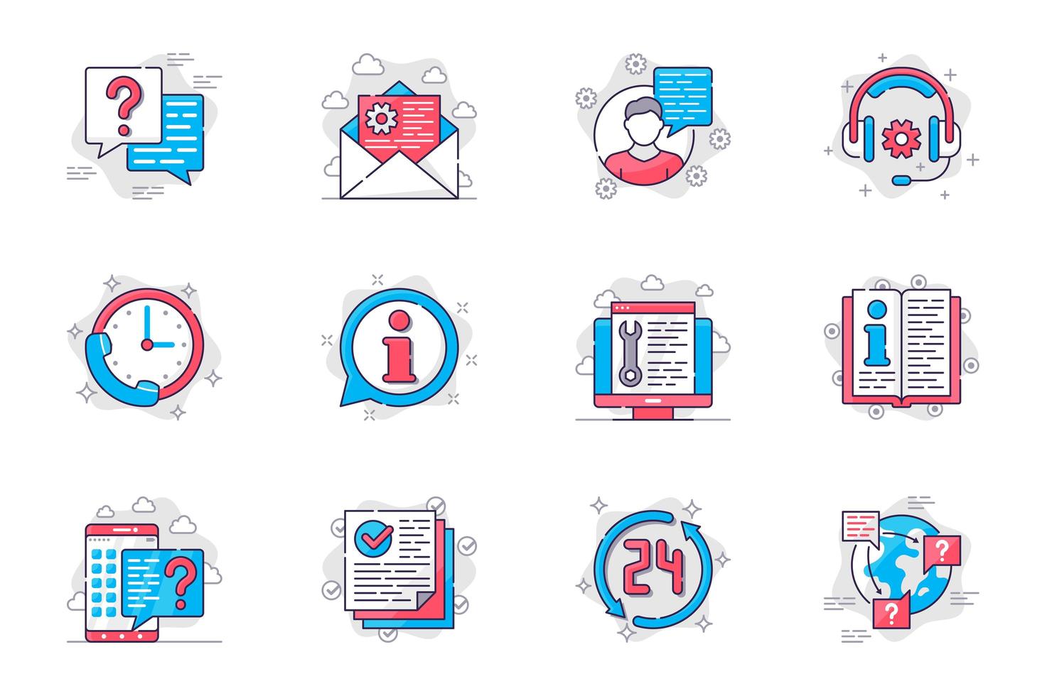 ensemble d'icônes de ligne plate de concept de support client. consultation et assistance en centre d'appels. paquet de message, casque, question, faq et autre. symboles de contour de pack conceptuel vectoriel pour application mobile