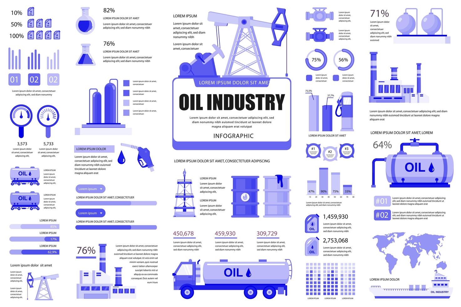 bundle infographie de l'industrie pétrolière ui, ux, éléments du kit. différents graphiques, diagrammes, flux de travail, transport, usine, extraction brute, modèle de conception de graphiques. ensemble de graphiques et d'infographies d'informations vectorielles. vecteur