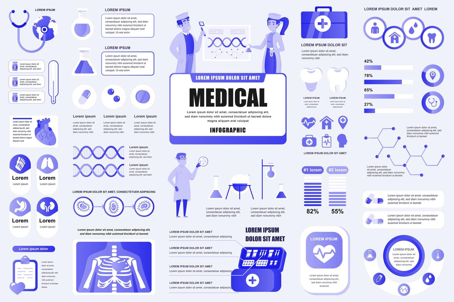 regrouper les services médicaux infographiques ui, ux, éléments du kit. différents graphiques, diagrammes, flux de travail, organigramme, icônes de soins de santé, médecine, modèle de conception de graphiques. ensemble de graphiques et d'infographies d'informations vectorielles. vecteur