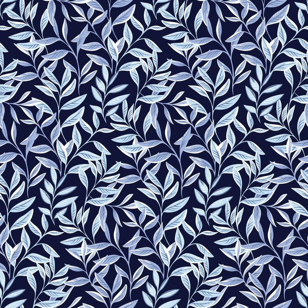 abstrait, moderne, créatif, artistique, jardin feuilles tige sans couture modèle. tapisserie feuilles sans couture modèle sur une foncé bleu Contexte. vecteur main dessiné.