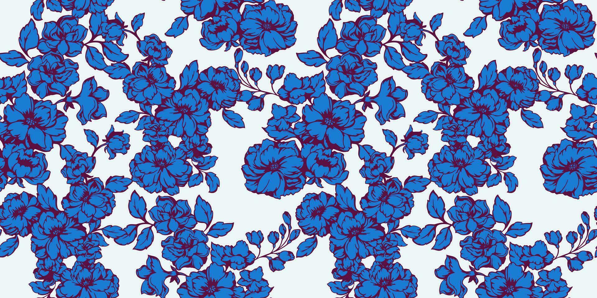 vecteur stylisé épanouissement fleurs tige entrelacés dans une sans couture modèle sur une lumière Contexte. brillant texture bleu forme floral branches. vecteur main tiré esquisser.