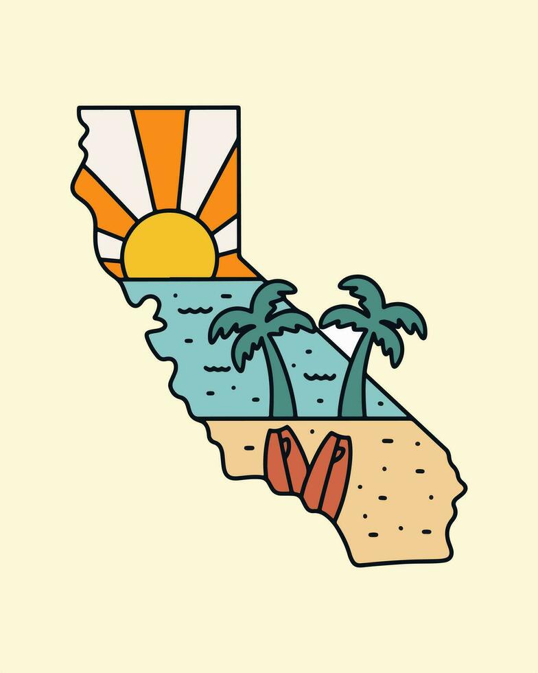Californie carte avec été plage conception à l'intérieur monoline illustration pour t chemise autocollant badge conception vecteur