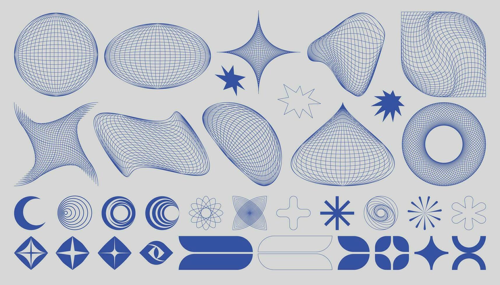 ensemble de abstrait brutaliste éléments, Maquettes, 3d géométrique formes, et la grille déformation. cyberpunk et rétro futuriste formes. vecteur y2k esthétique géométrique graphique.