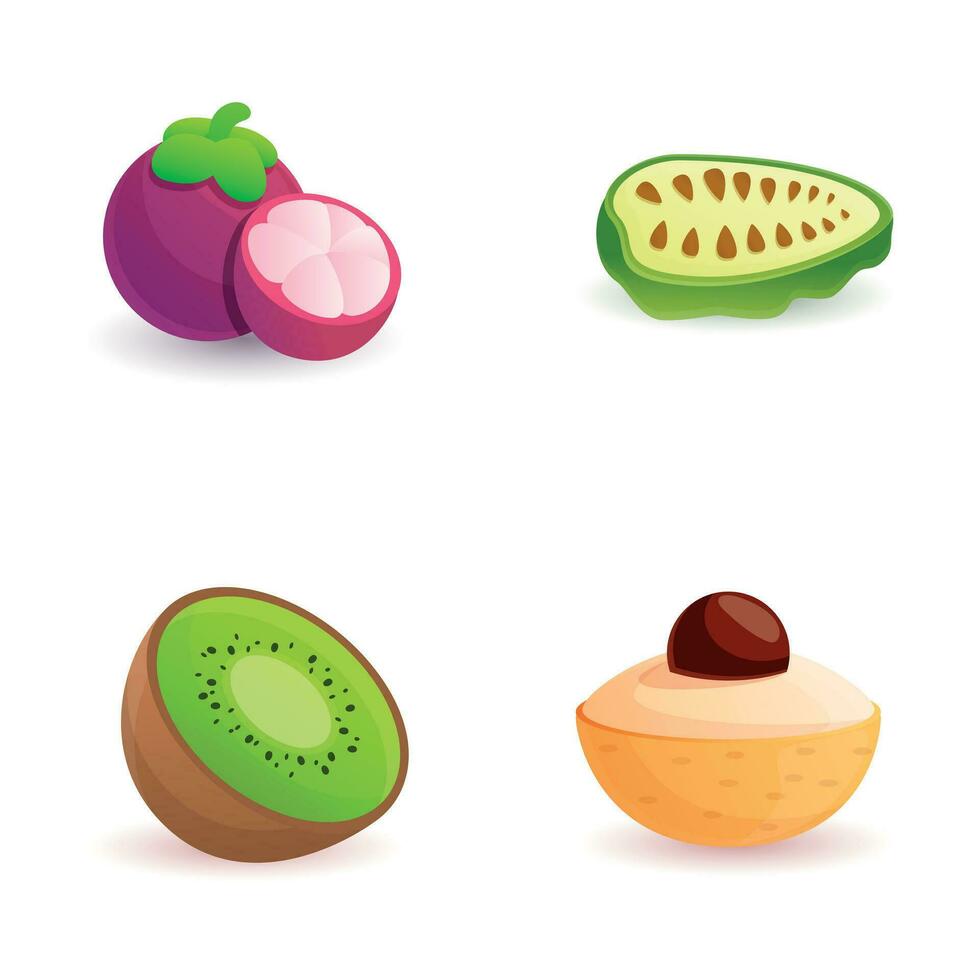 exotique fruit Icônes ensemble dessin animé vecteur. noni fruit mangoustan kiwi et longan vecteur
