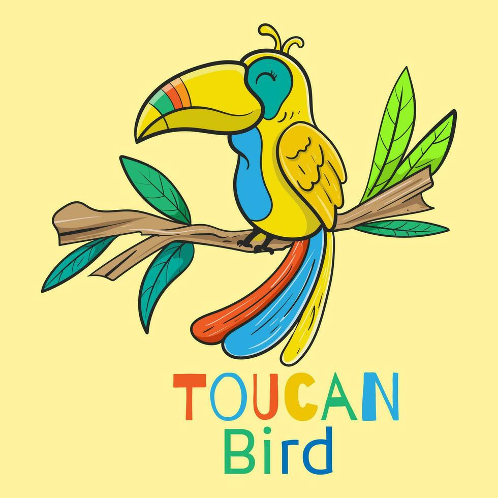 marrant mignonne exotique main tiré puéril personnage de toucan sur branche. conception pouvez être utilisé pour mode T-shirt, salutation carte, bébé douche. vecteur