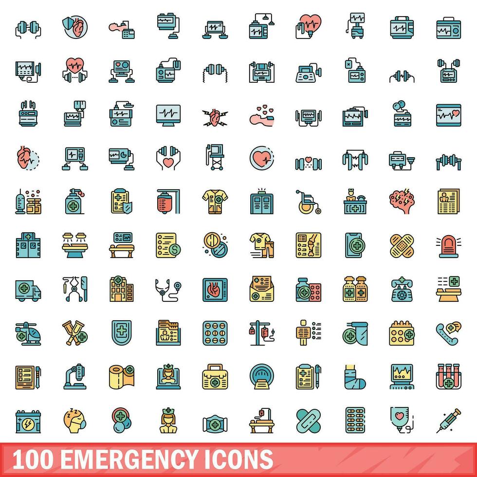 100 urgence Icônes ensemble, Couleur ligne style vecteur