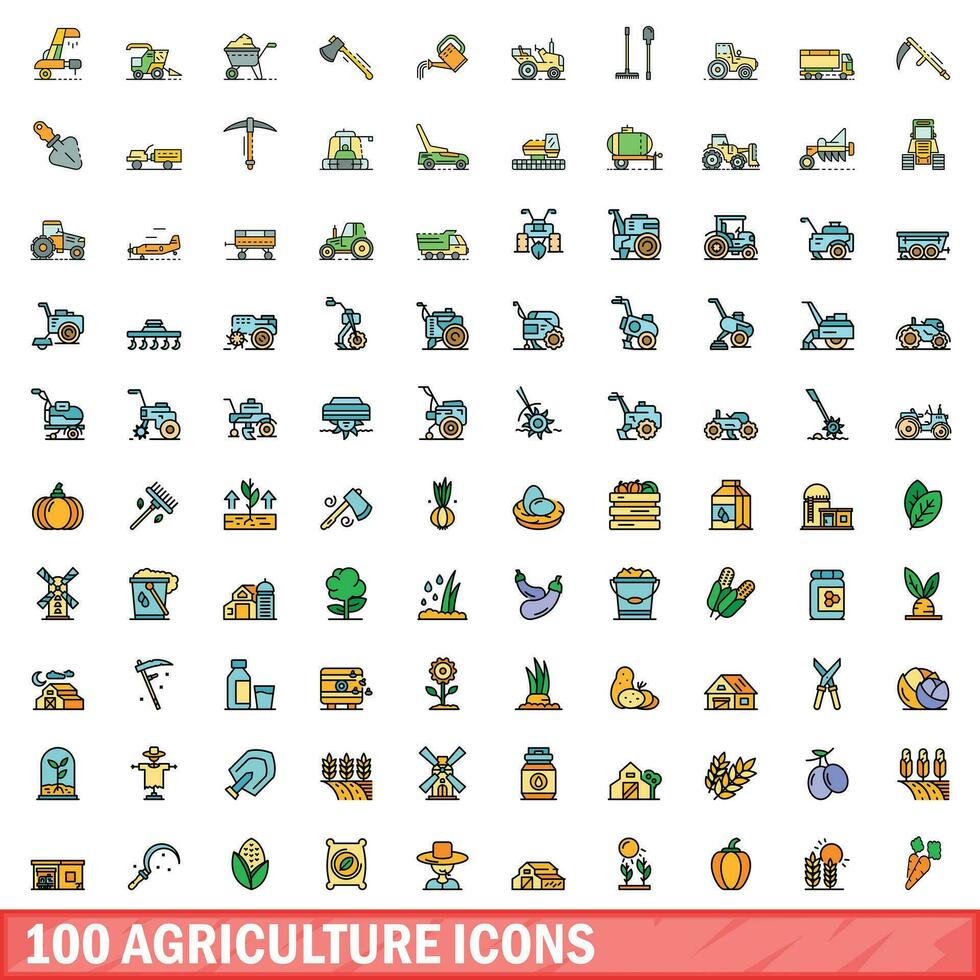 100 agriculture Icônes ensemble, Couleur ligne style vecteur