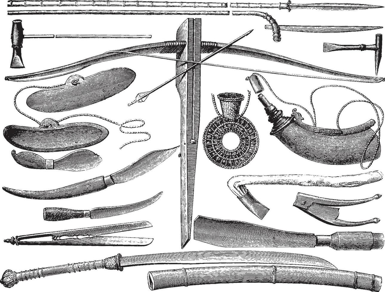 armes et Laotien outils, ancien gravure. vecteur