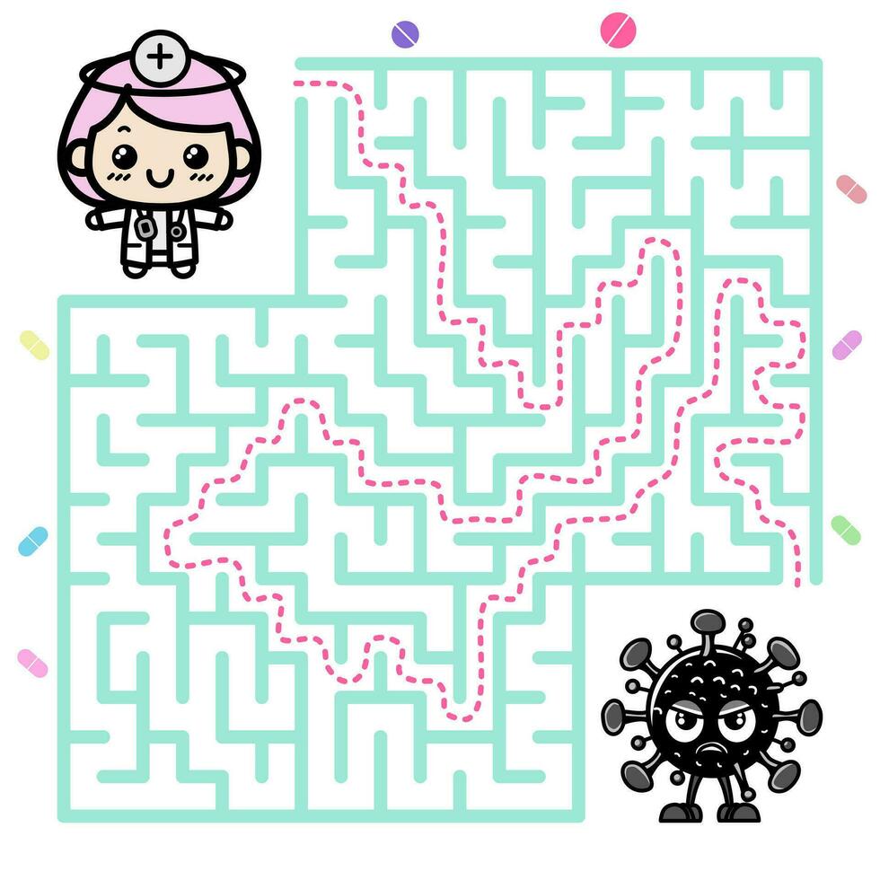 éducation Labyrinthe Jeu pour les enfants, aidez-moi le médecin kawaii trouver droite façon à le virus. dessin animé personnages, labyrinthe vecteur avec répondre.