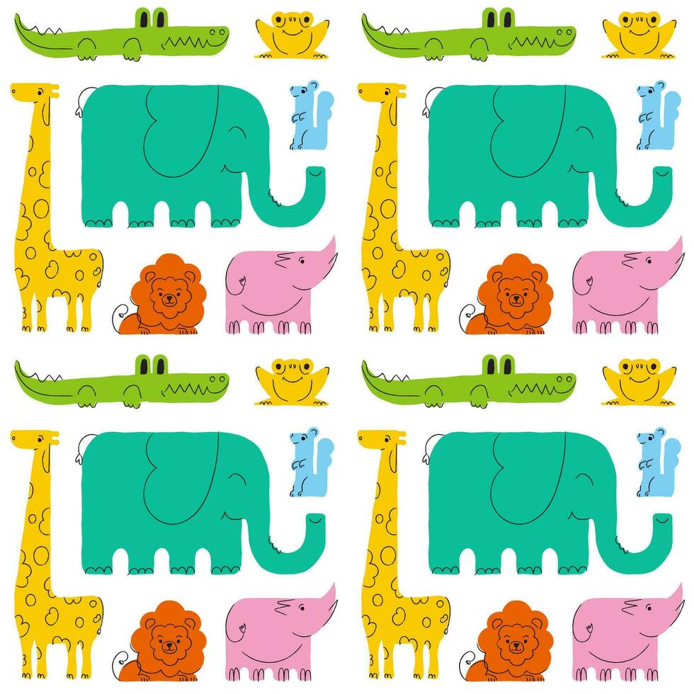 sans couture vecteur modèle. les dessins animés avec animaux. main tiré éléphant, girafe, lion, crocodile, rhinocéros et crapaud sur une blanc Contexte. enfants thème