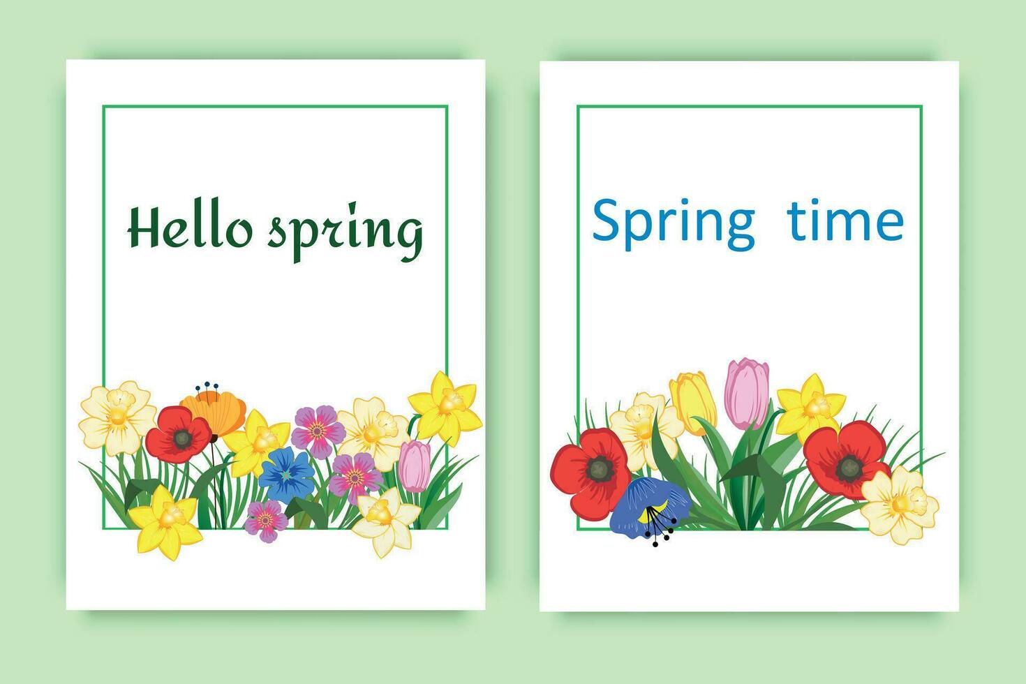 une ensemble de cartes sur une printemps thème avec brillant bouquets de fleurs dans une blanc Cadre. vecteur des illustrations ou conception modèles pour couvertures, illustrations, invitations.