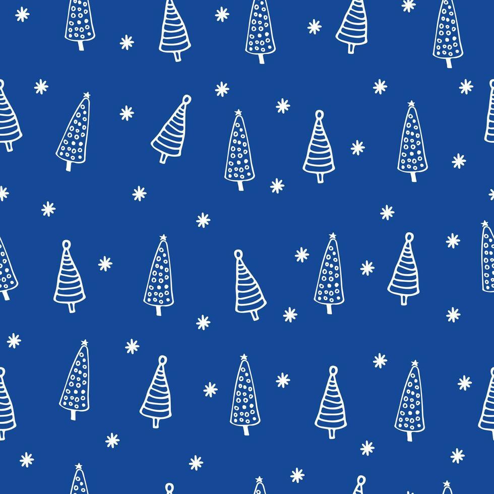 sans couture hiver modèle avec dessiné à la main Noël des arbres sur une bleu Contexte. vecteur