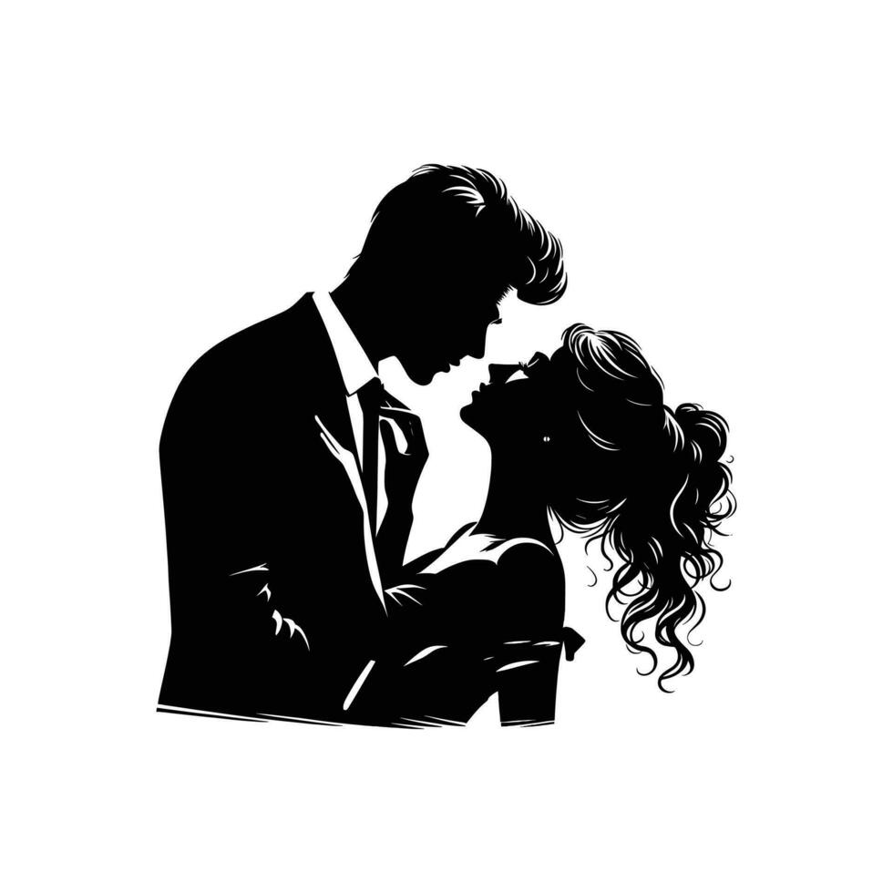 silhouette de une romantique couple dans noir et blanc vecteur