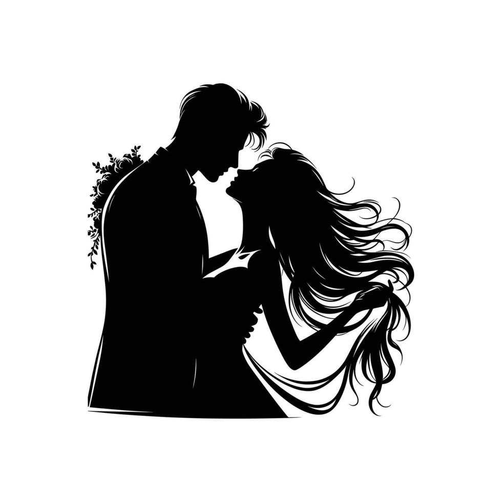 silhouette de une romantique couple dans noir et blanc vecteur