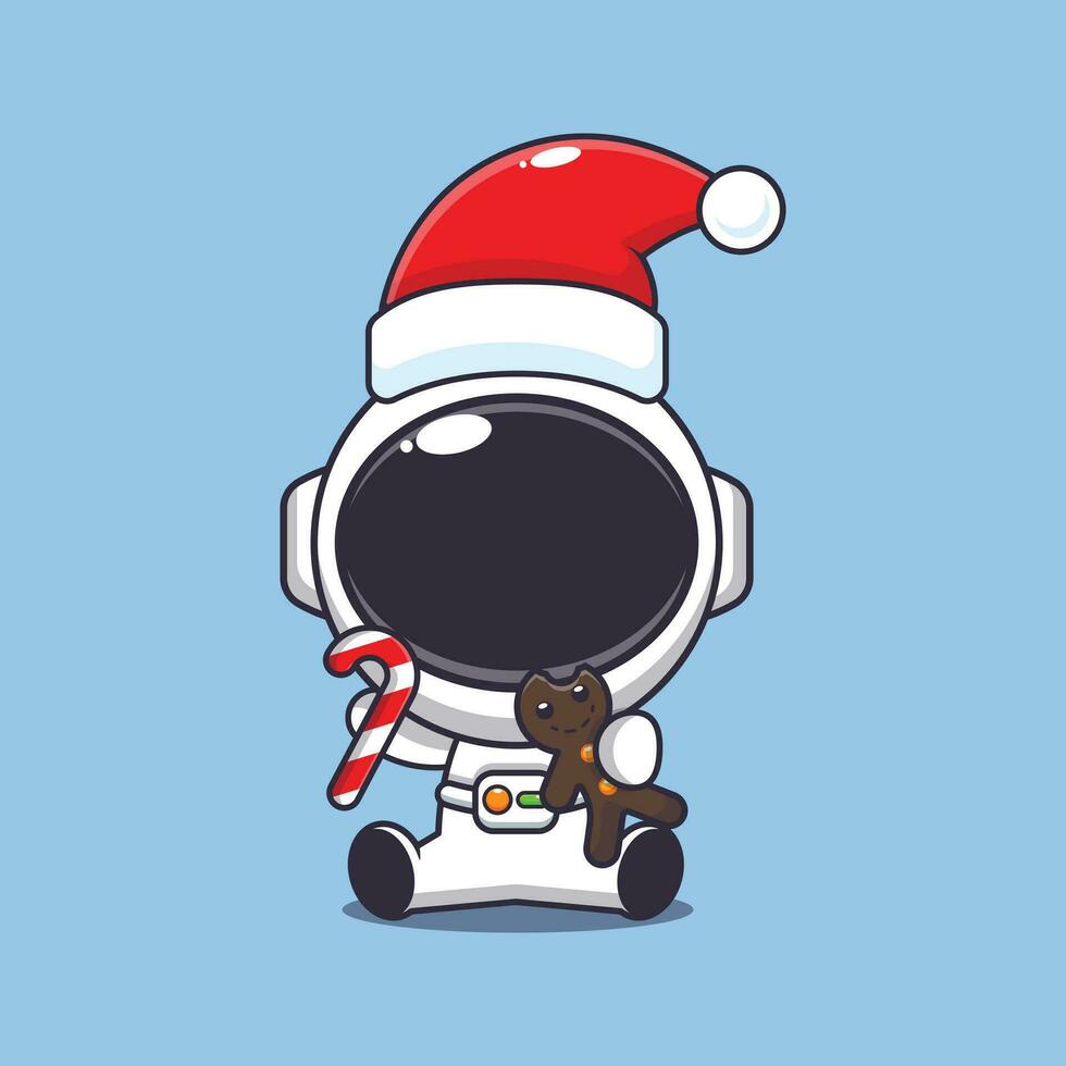 mignonne astronaute en mangeant Noël biscuits et bonbons. mignonne Noël dessin animé personnage illustration. vecteur