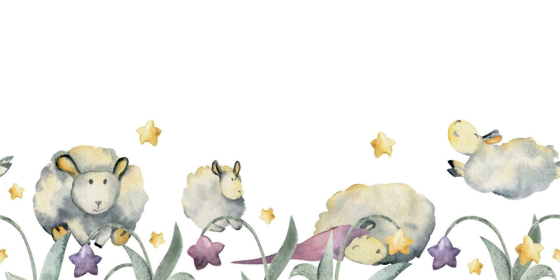 aquarelle main tiré illustration, mignonne peluche bébé mouton dans magique étoile fleurs champ, sauter dormant. sans couture frontière isolé sur blanc Contexte. enfants, les enfants chambre à coucher, tissu, linge de maison impression vecteur