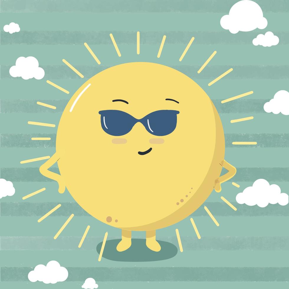 soleil mignon portant des lunettes de soleil le jour d'été. soleil d'été élégant. illustration vectorielle isolée sur fond bleu. vecteur