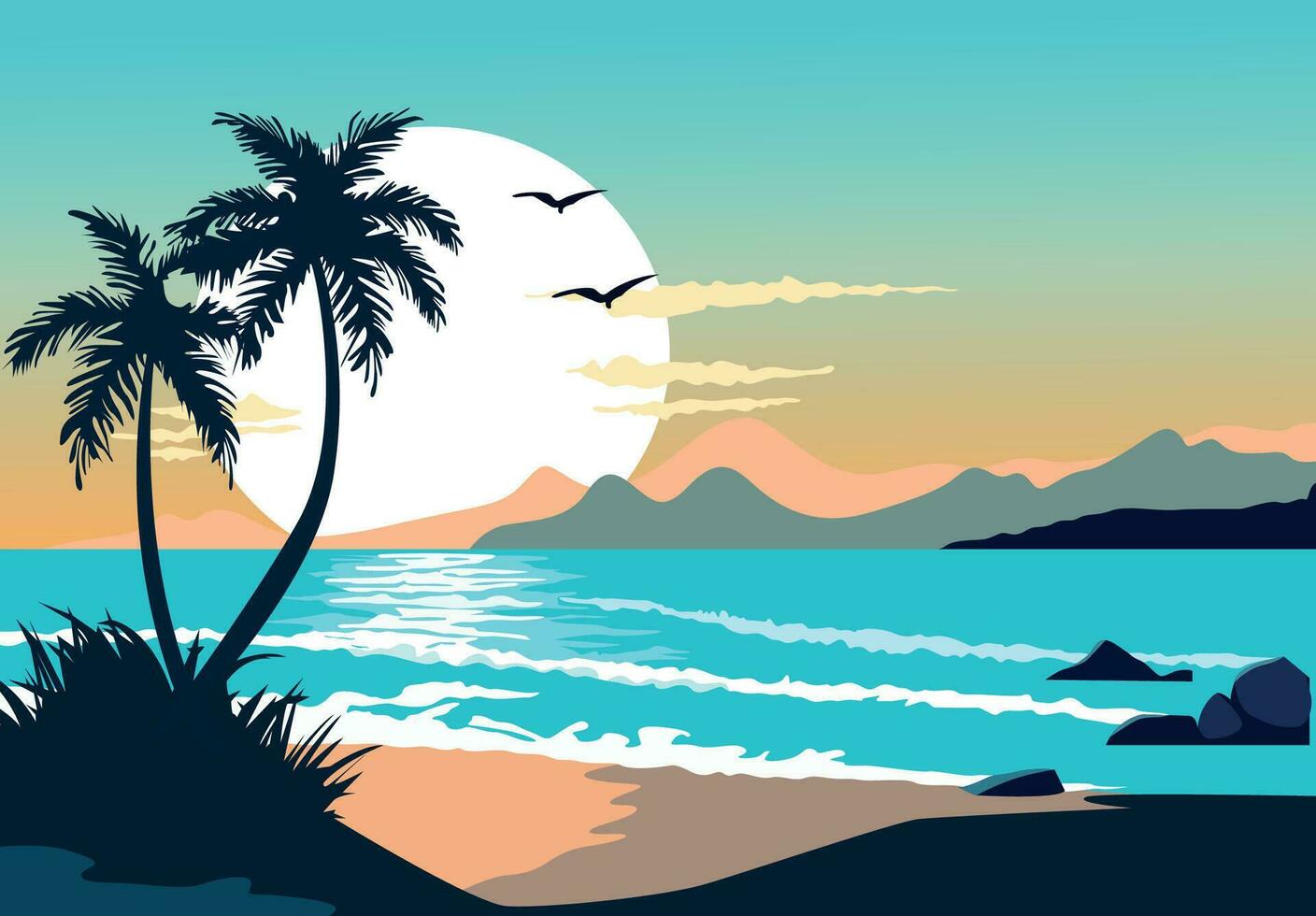 le coucher du soleil sur le plage paysage illustration manuellement établi vecteur